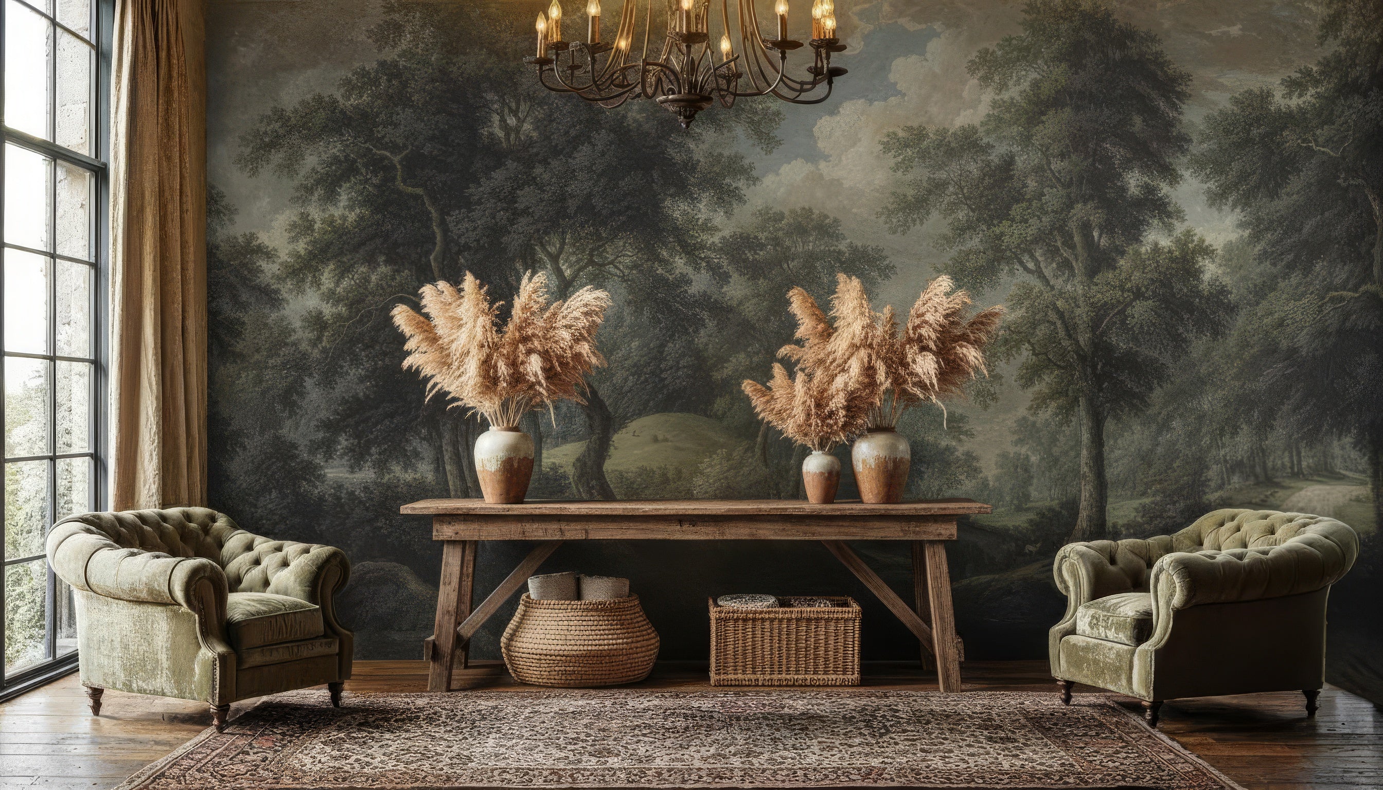 Vintage Botanical Trees Landscape Peel and Stick Wall Mural Wallpaper