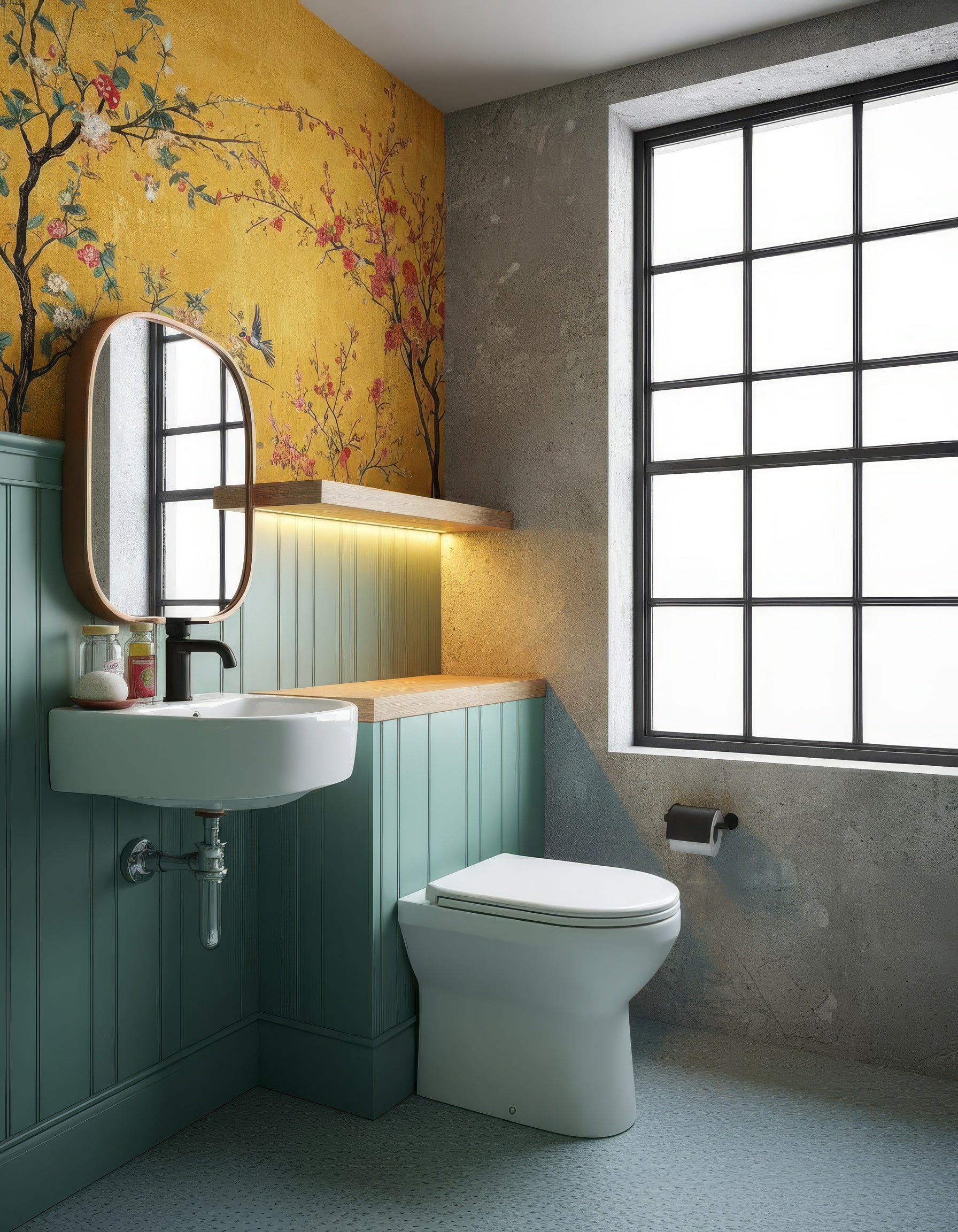 Yellow Chinoiserie Peel and Stick Wallpaper with Floral Birds & Cherry Blossoms