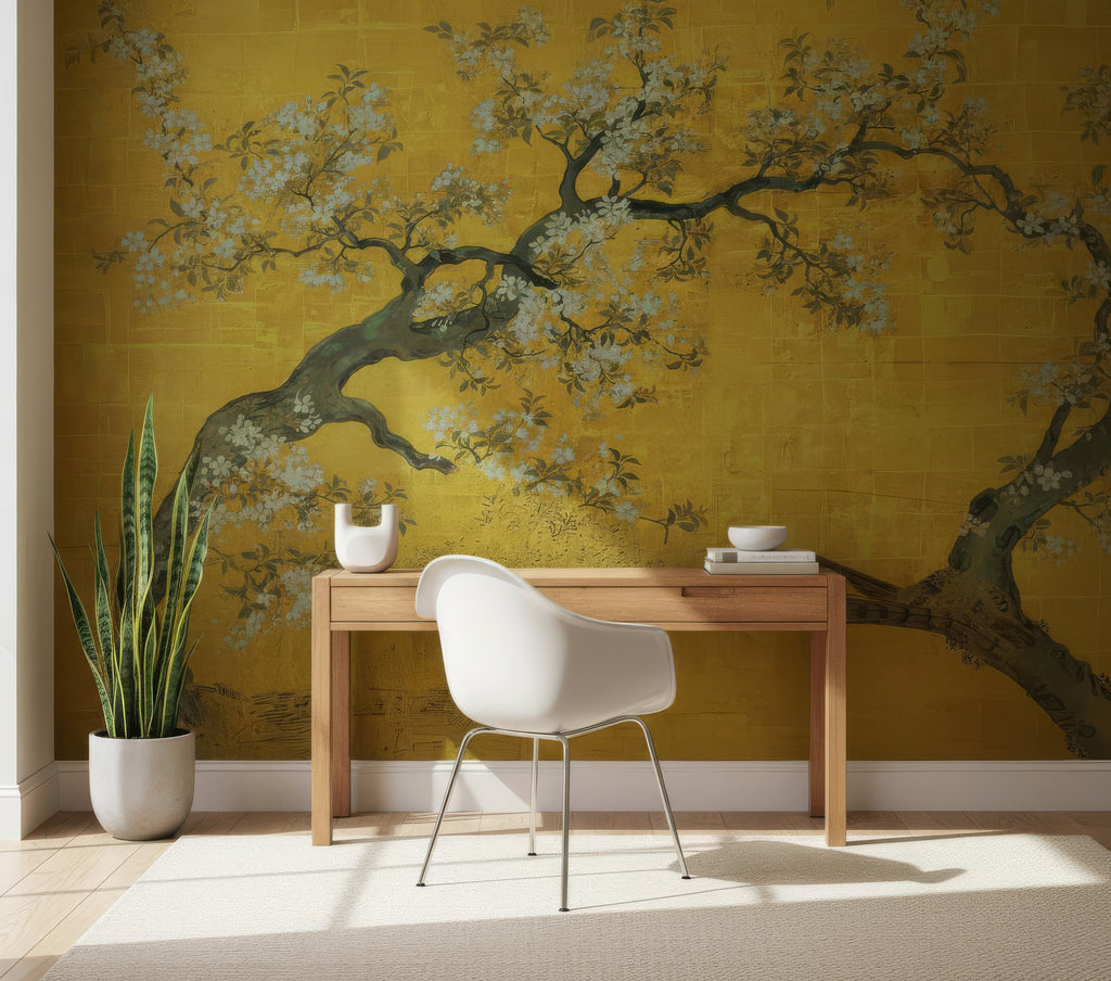 Elegant Gold Chinoiserie Peel and Stick Wallpaper - Vintage Floral & Bird Mural