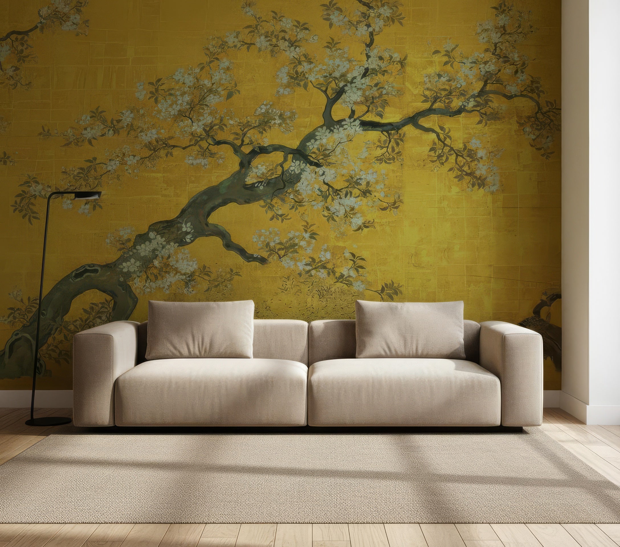 Elegant Gold Chinoiserie Peel and Stick Wallpaper - Vintage Floral & Bird Mural
