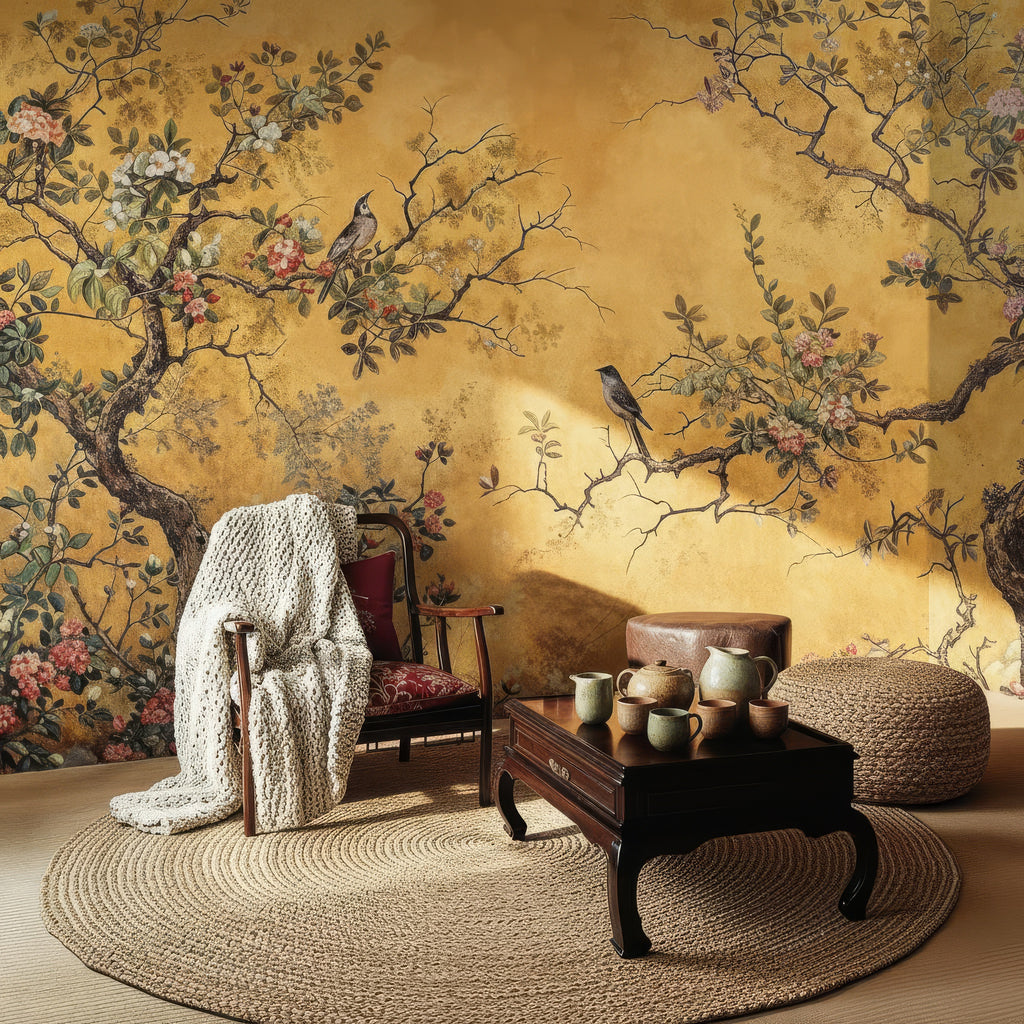 Yellow Chinoiserie Wallpaper with Tree & Birds Floral Mural