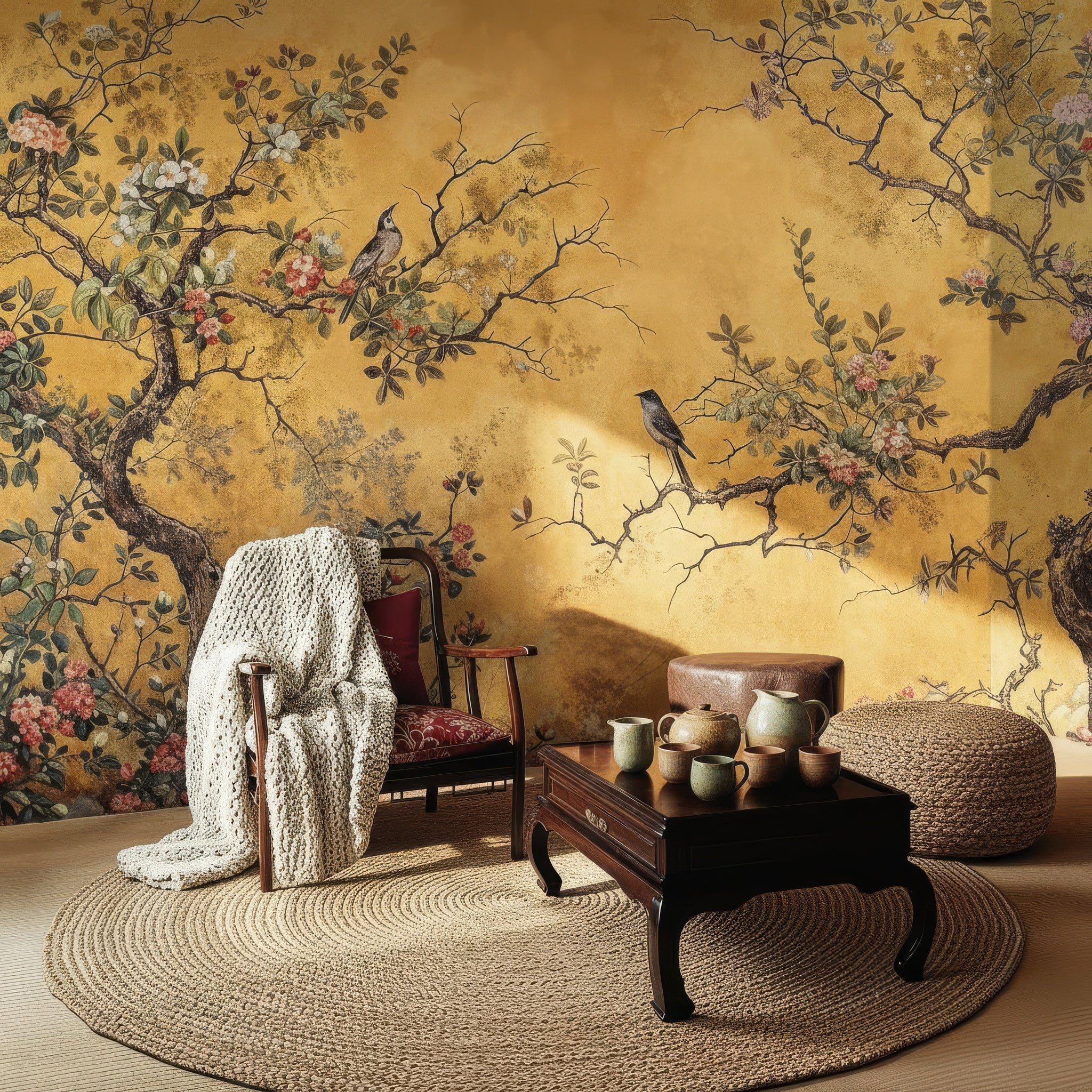 Yellow Chinoiserie Wallpaper with Tree & Birds Floral Mural