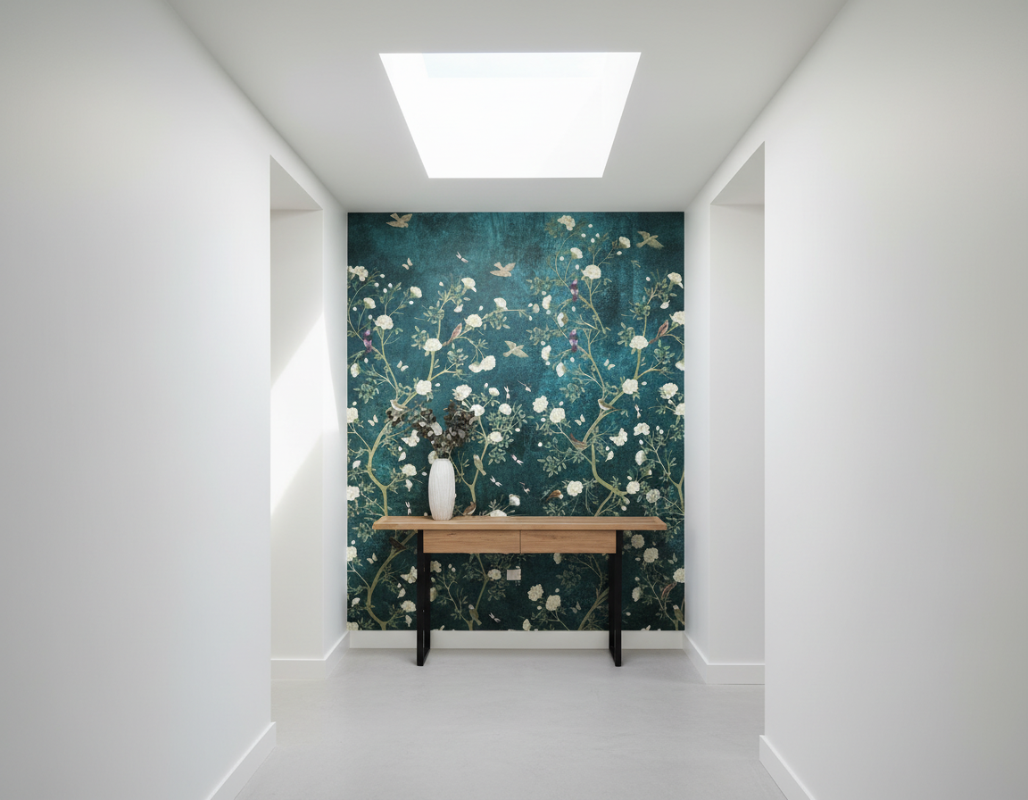 Elegant Blue Chinoiserie Cherry Blossom Bird Peel and Stick Wallpaper
