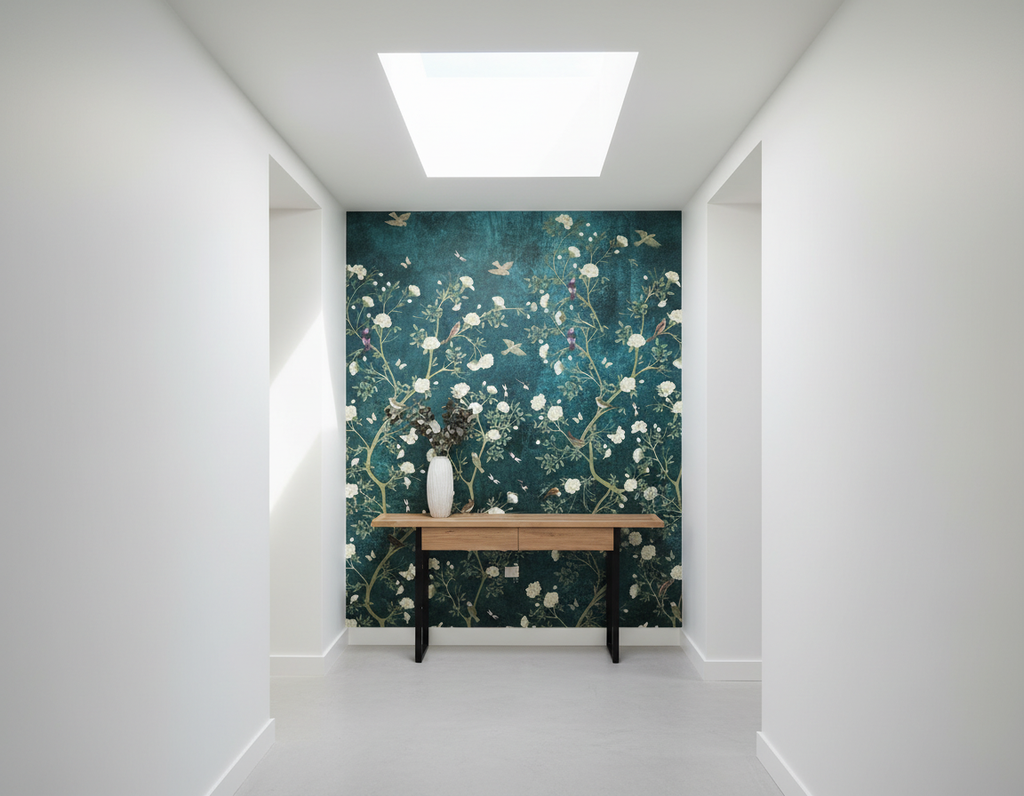 Elegant Blue Chinoiserie Cherry Blossom Bird Peel and Stick Wallpaper
