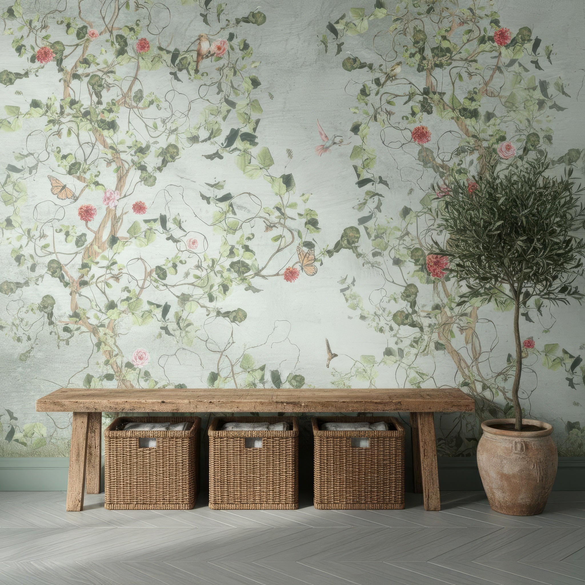 Vintage Botanical Bird Wall Mural - Peel and Stick or Traditional Wallpaper