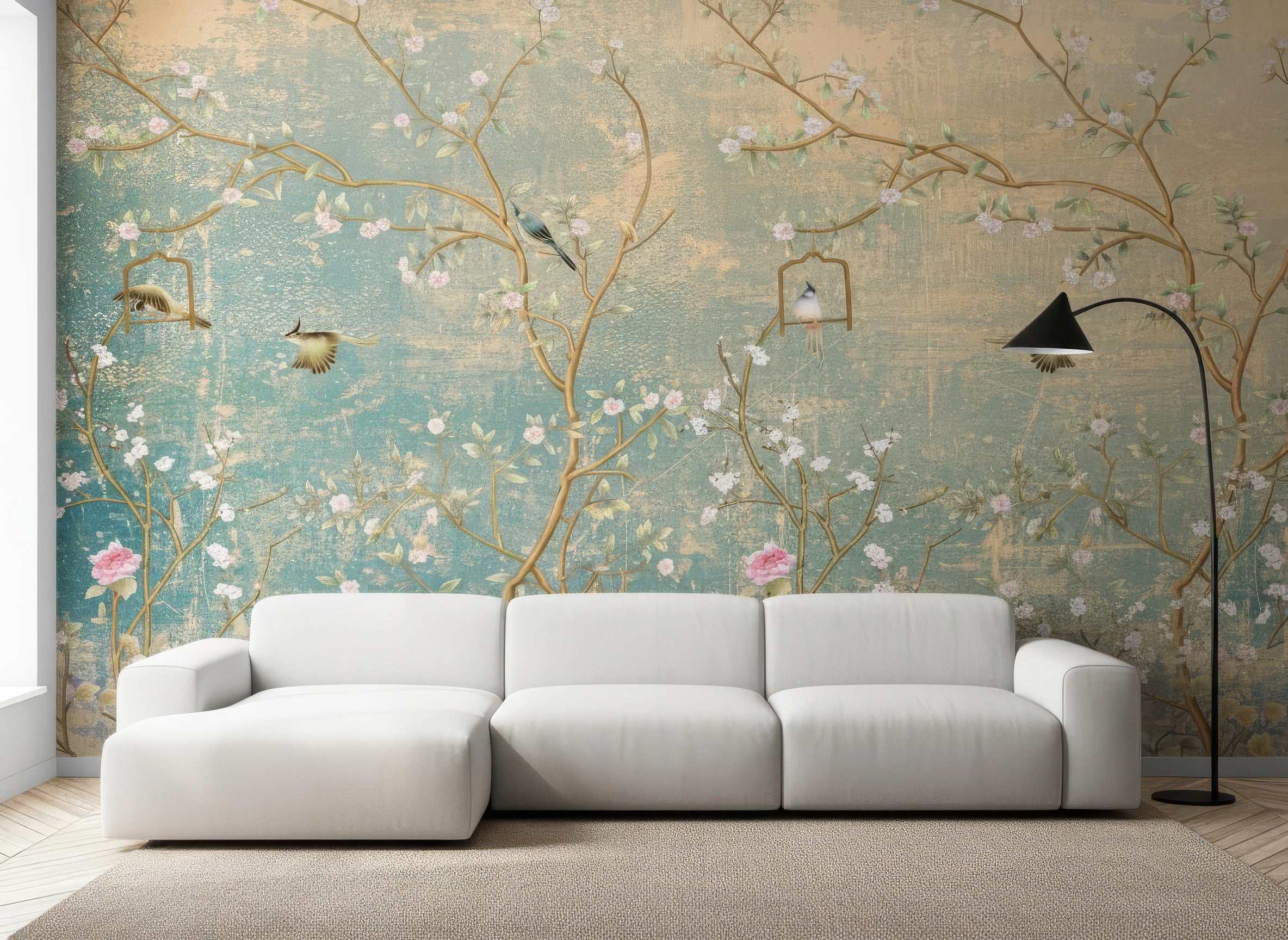 Elegant Chinoiserie Peel and Stick Wallpaper - Sakura Tree & Birds Vinyl Mural