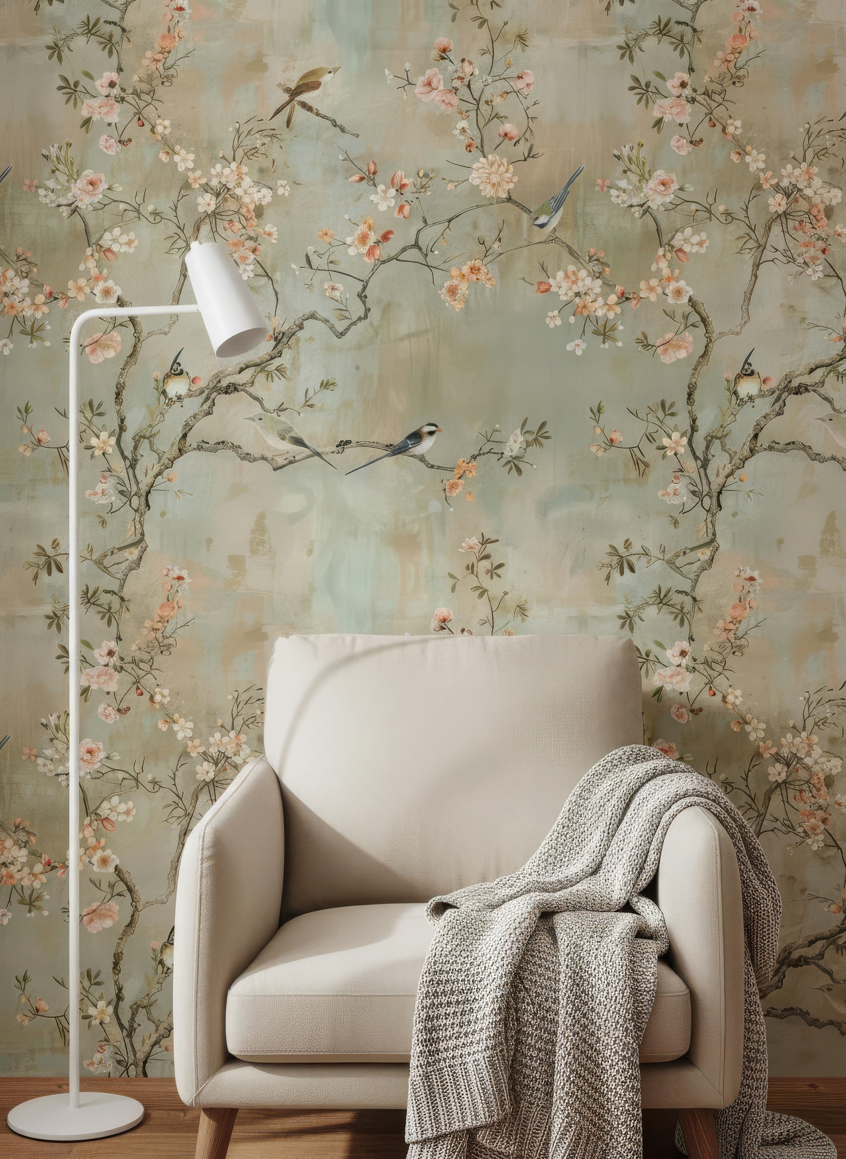 Elegant Chinoiserie Cherry Blossom Wall Mural with Birds & Flowers