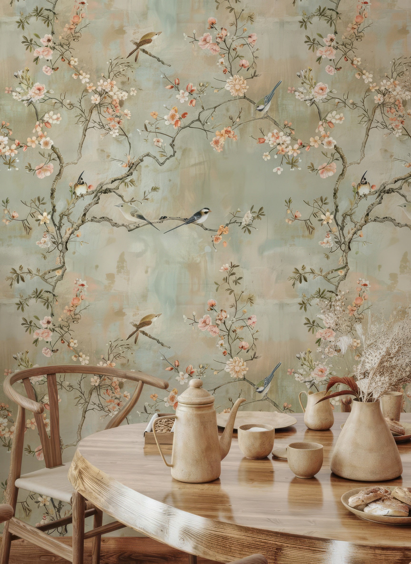Elegant Chinoiserie Cherry Blossom Wall Mural with Birds & Flowers