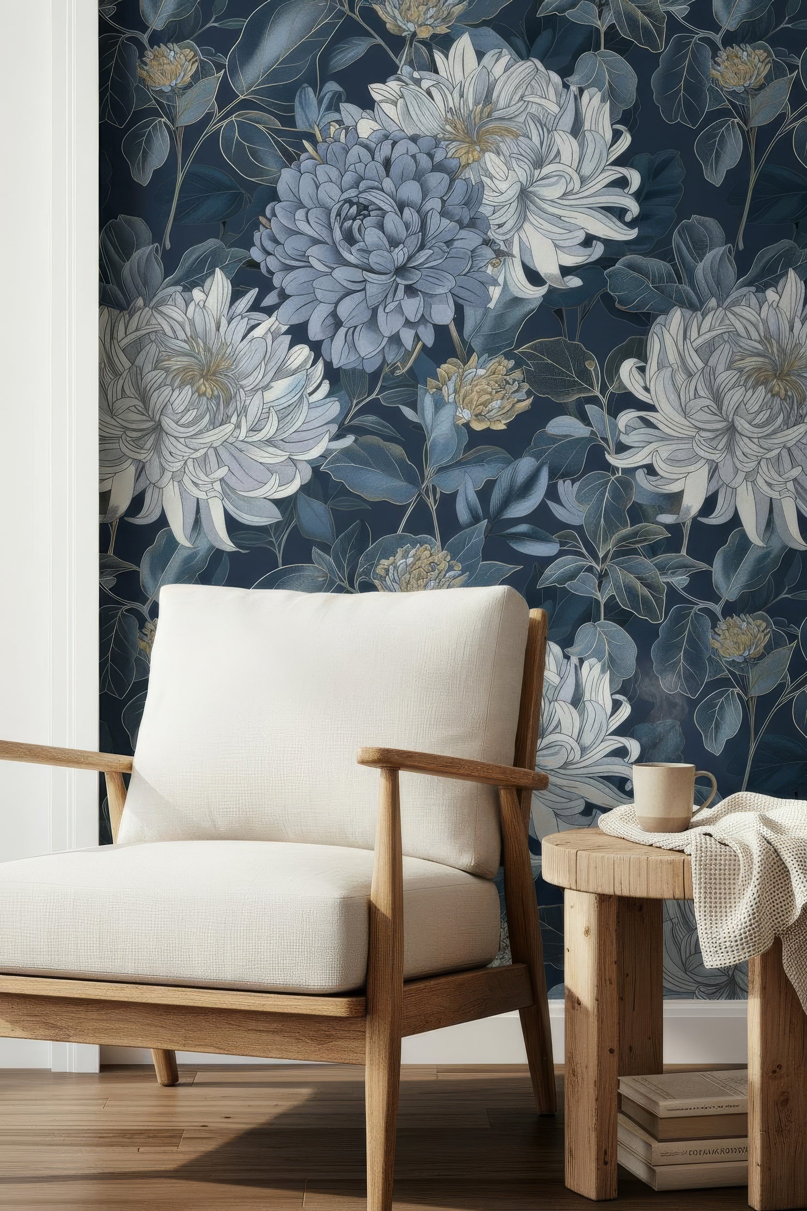 Elegant Blue Floral Chrysanthemum Peel and Stick Wallpaper Mural for Stylish Interiors