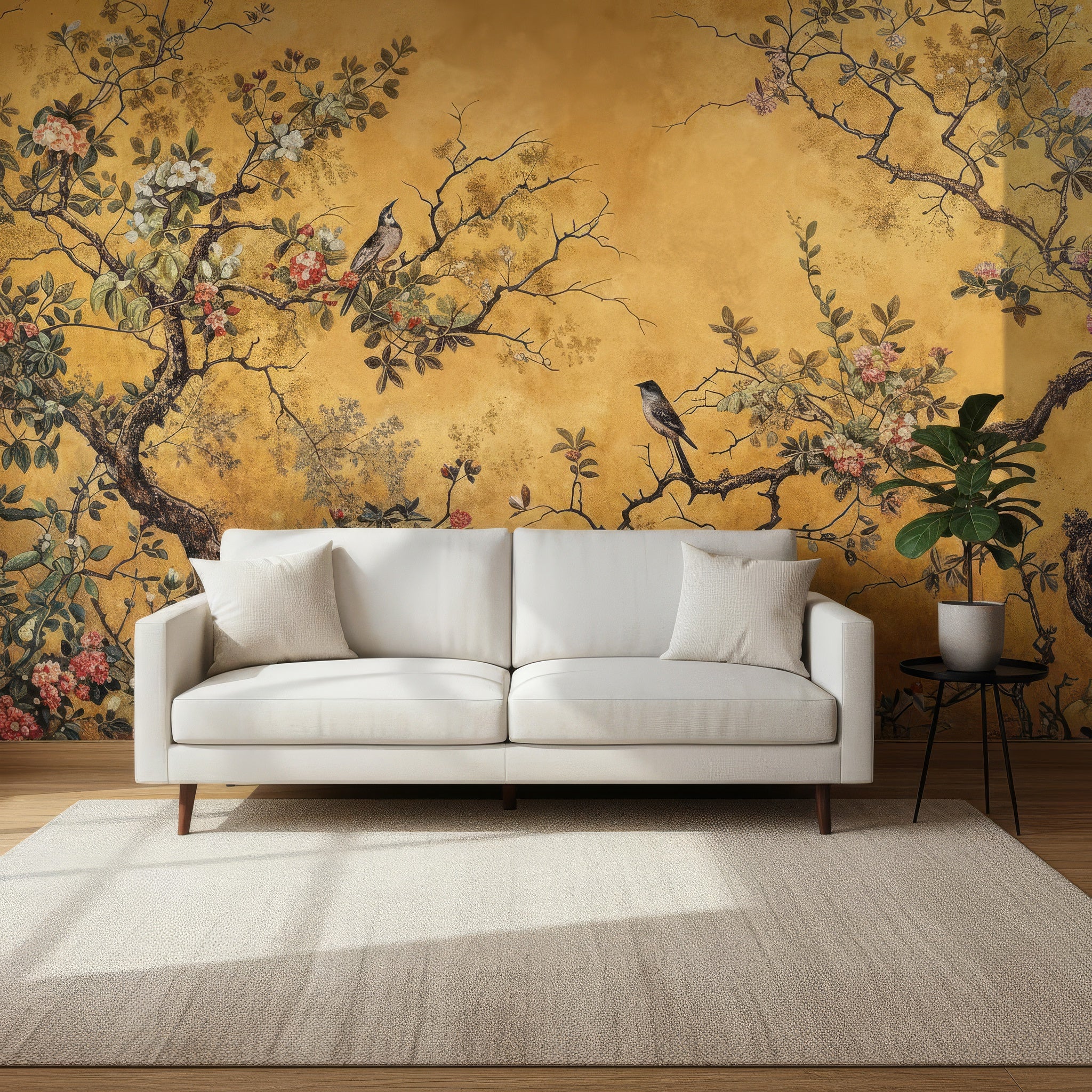 Yellow Chinoiserie Wallpaper with Tree & Birds Floral Mural