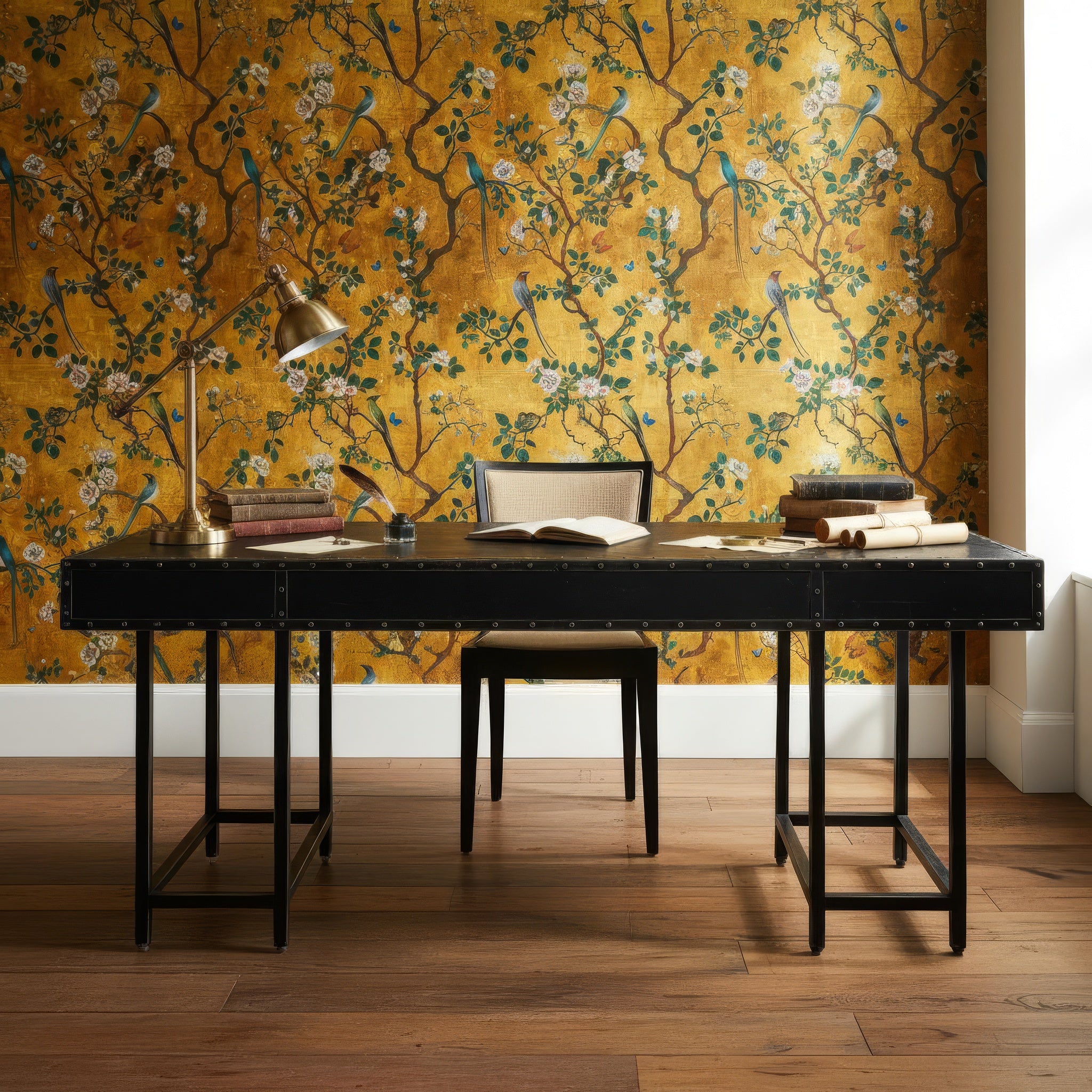 Elegant Golden Botanical Bird Wallpaper with Vintage Floral Design