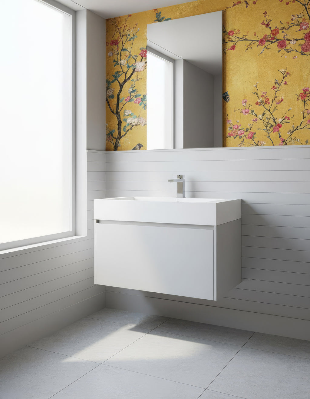 Yellow Chinoiserie Peel and Stick Wallpaper with Floral Birds & Cherry Blossoms