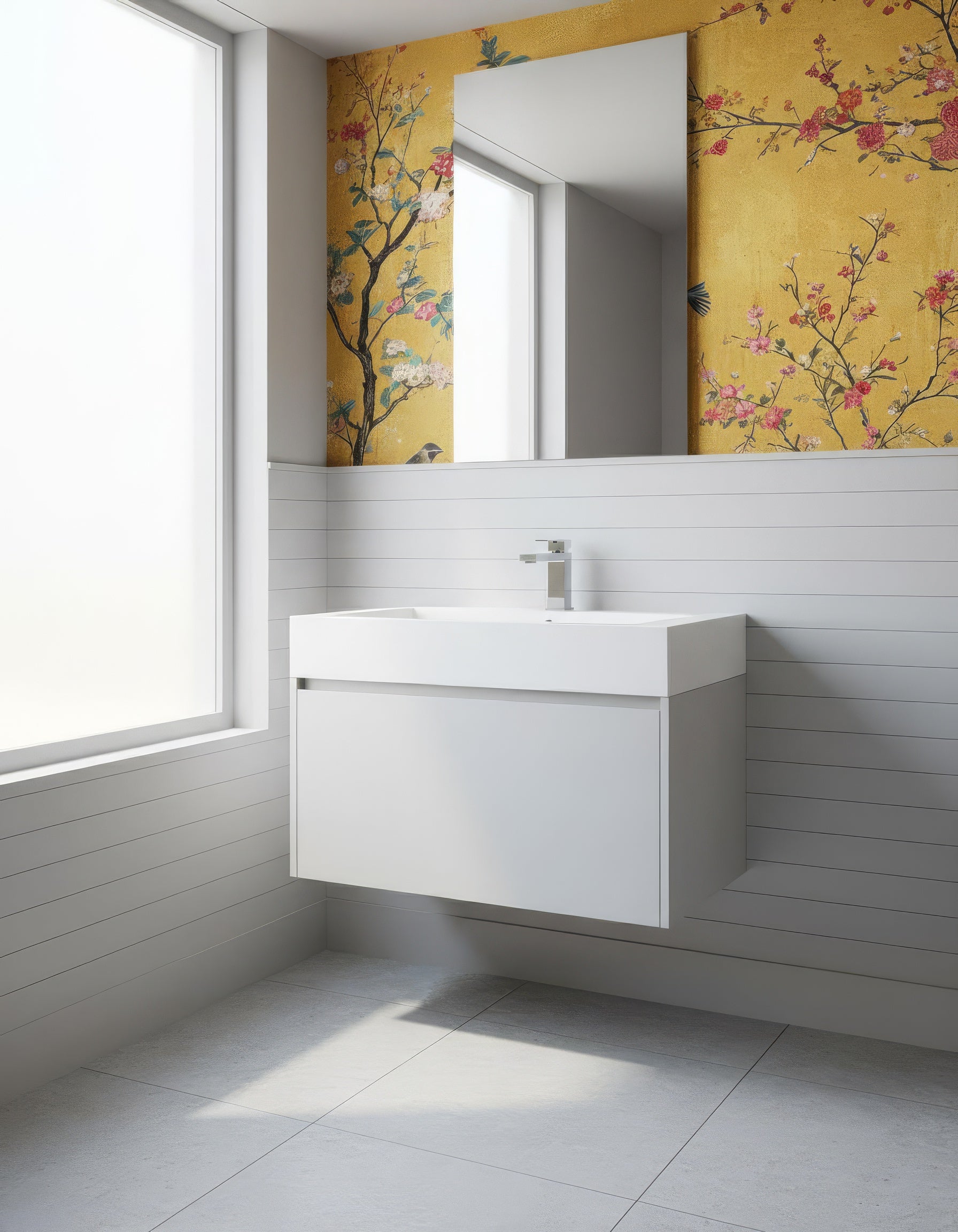 Yellow Chinoiserie Peel and Stick Wallpaper with Floral Birds & Cherry Blossoms