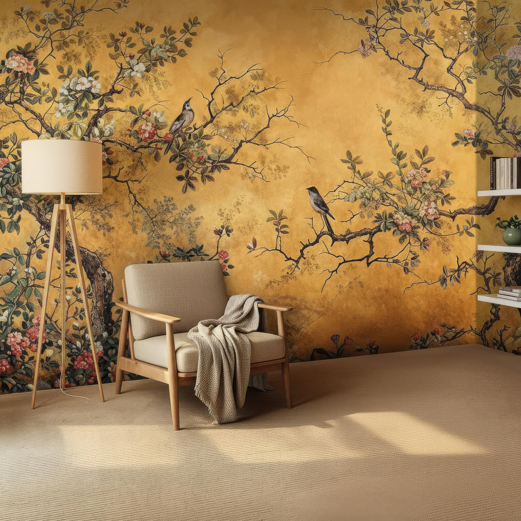 Yellow Chinoiserie Wallpaper with Tree & Birds Floral Mural