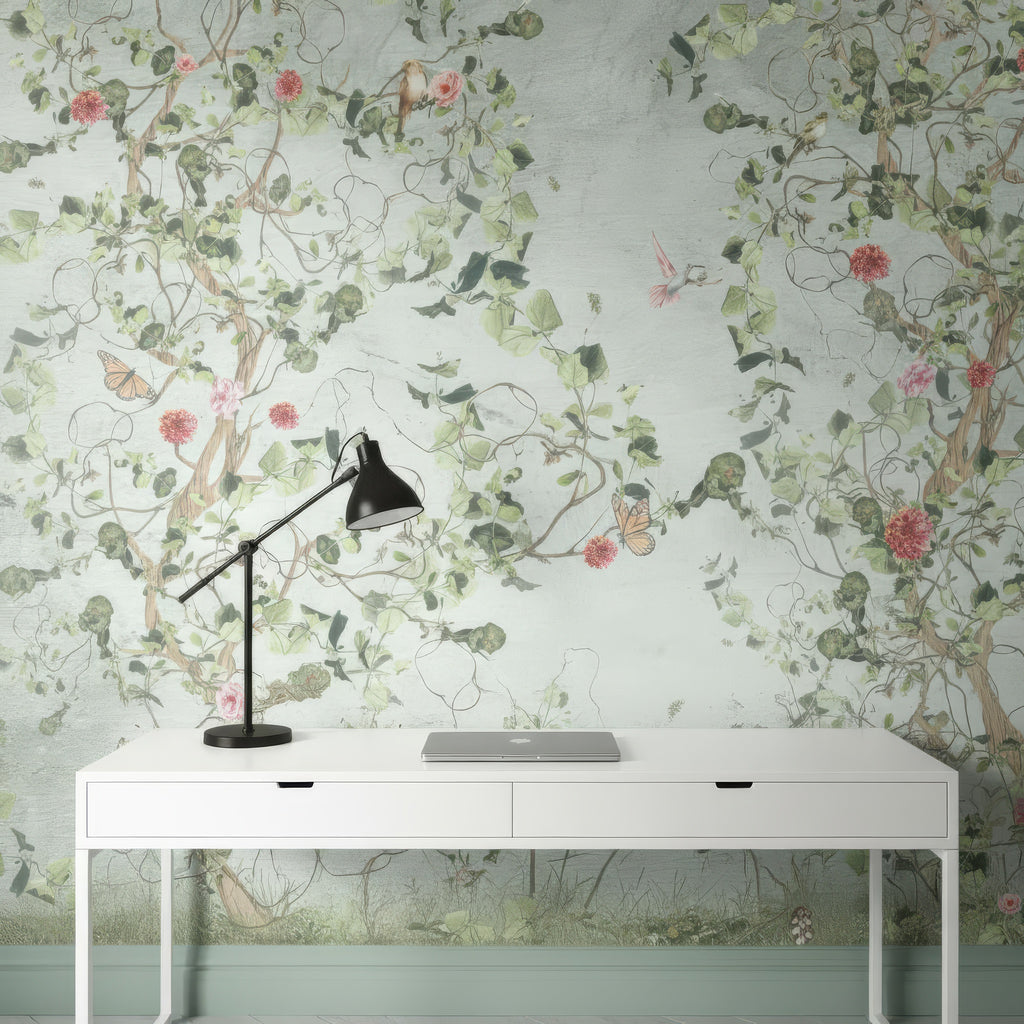 Vintage Botanical Bird Wall Mural - Peel and Stick or Traditional Wallpaper