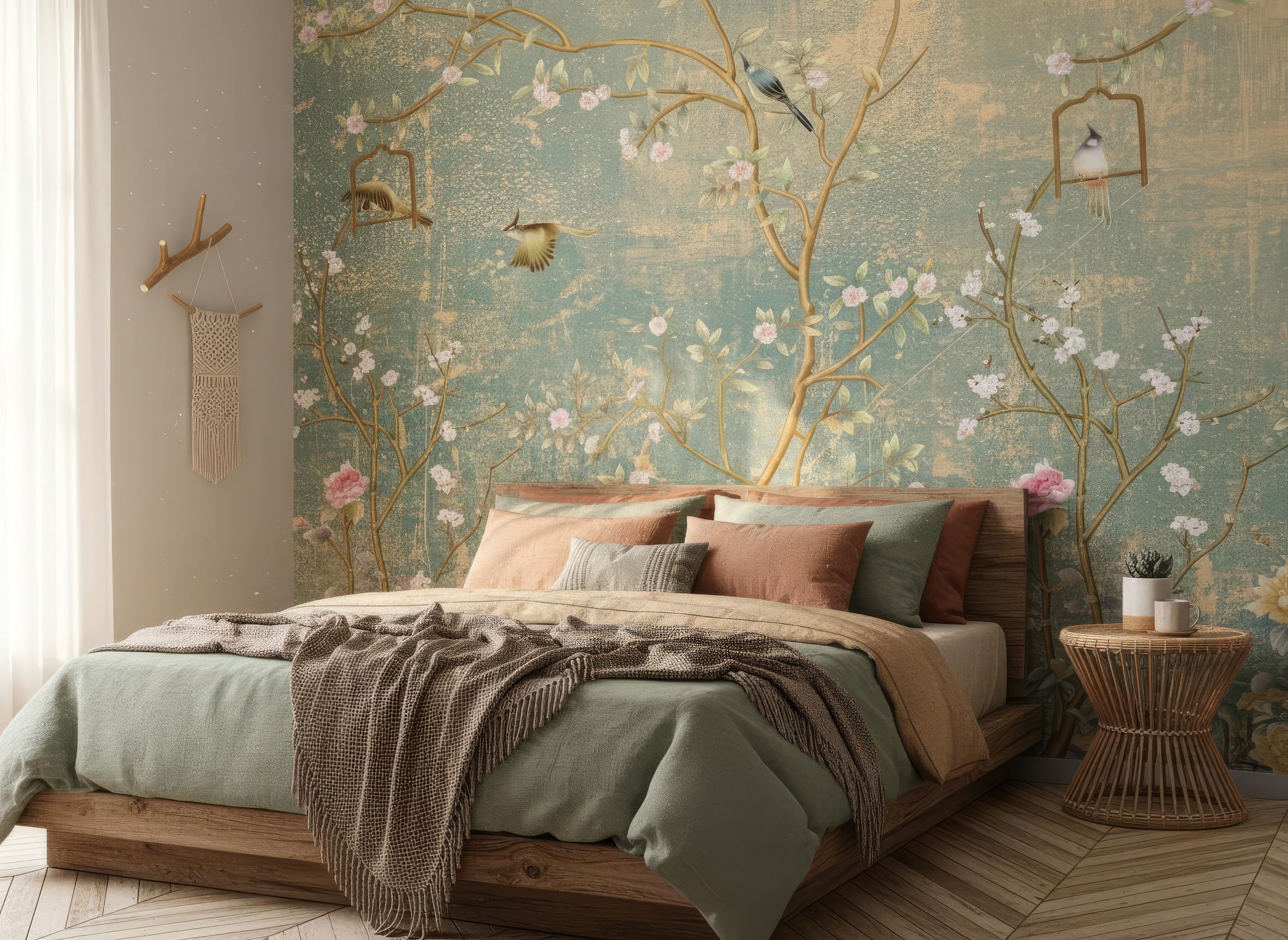 Elegant Chinoiserie Peel and Stick Wallpaper - Sakura Tree & Birds Vinyl Mural