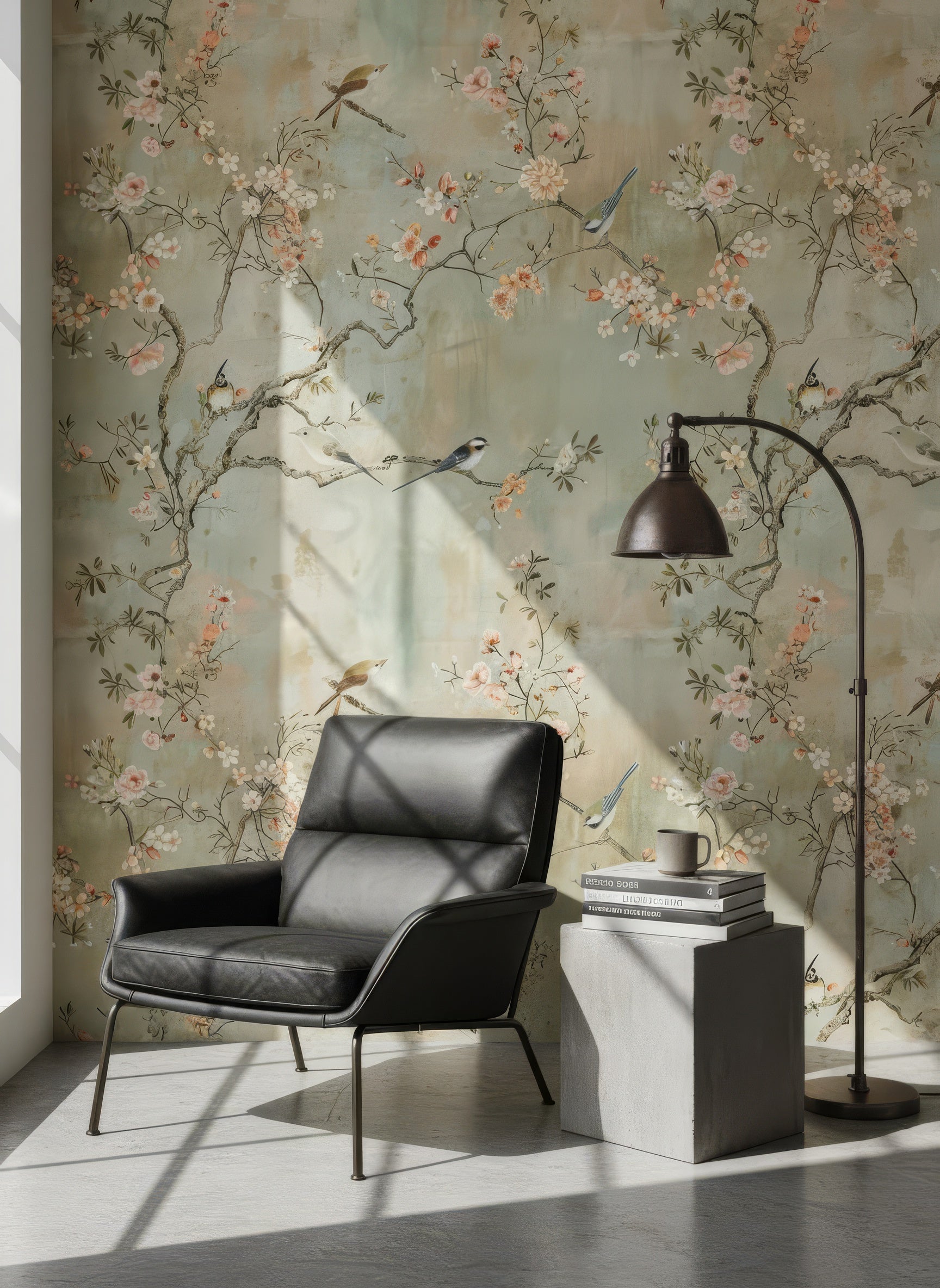 Elegant Chinoiserie Cherry Blossom Wall Mural with Birds & Flowers