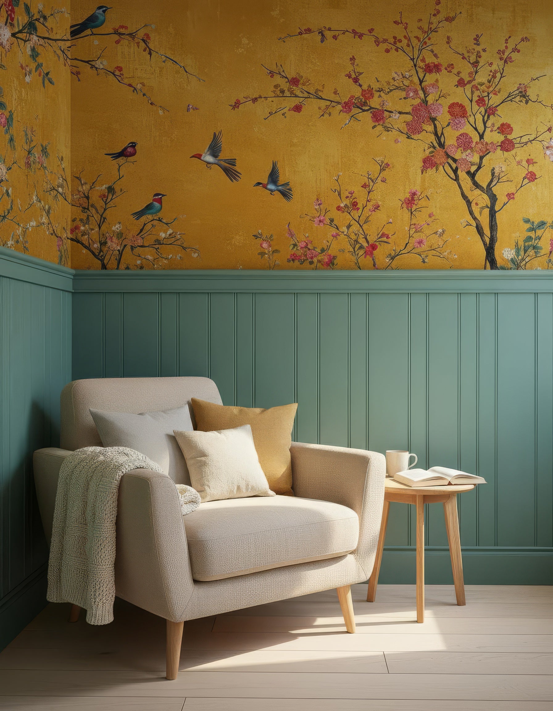 Yellow Chinoiserie Peel and Stick Wallpaper with Floral Birds & Cherry Blossoms