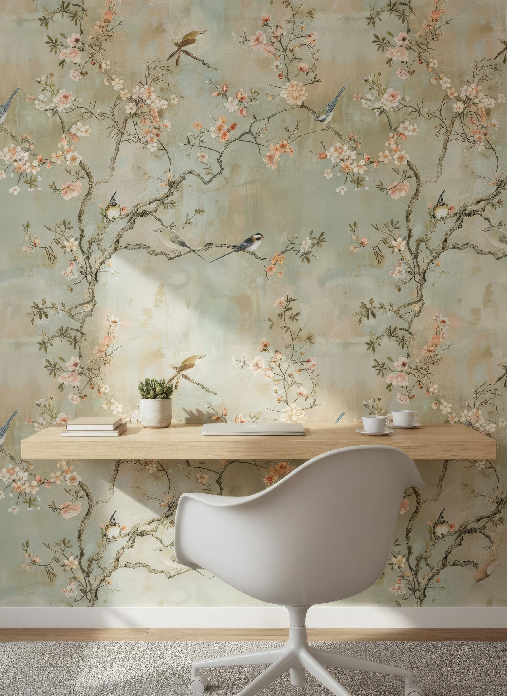 Elegant Chinoiserie Cherry Blossom Wall Mural with Birds & Flowers