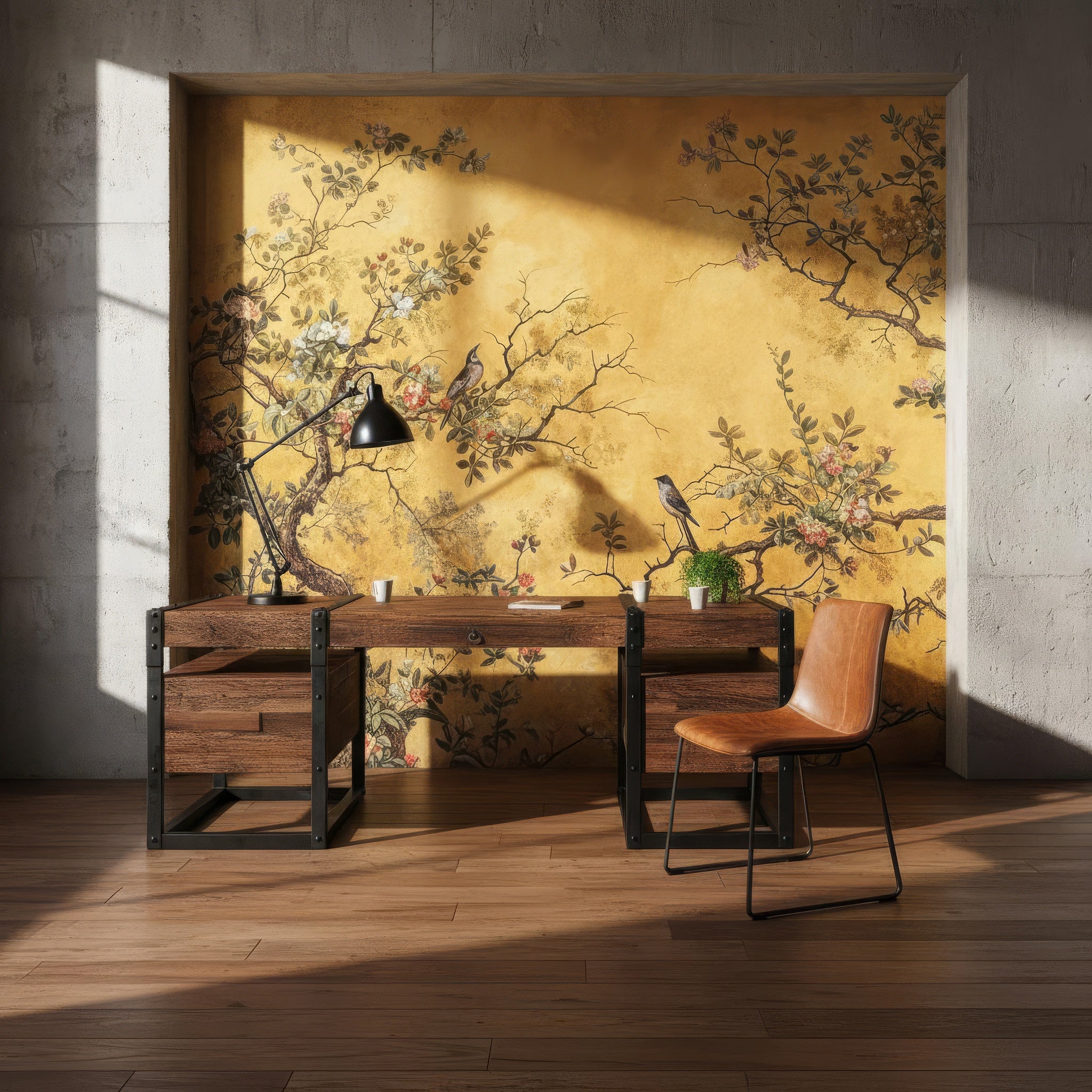 Yellow Chinoiserie Wallpaper with Tree & Birds Floral Mural