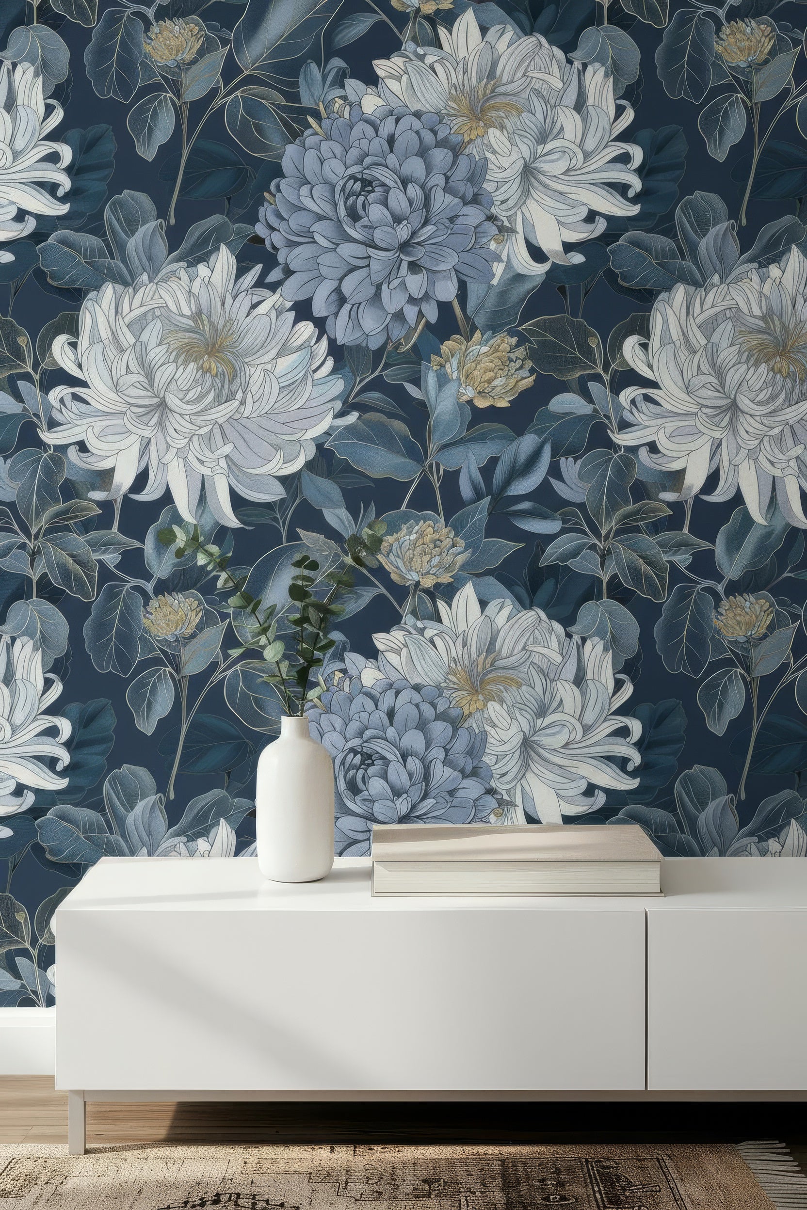 Elegant Blue Floral Chrysanthemum Peel and Stick Wallpaper Mural for Stylish Interiors