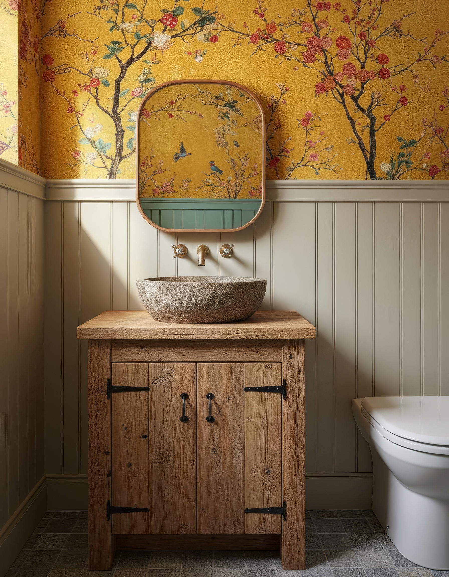 Yellow Chinoiserie Peel and Stick Wallpaper with Floral Birds & Cherry Blossoms